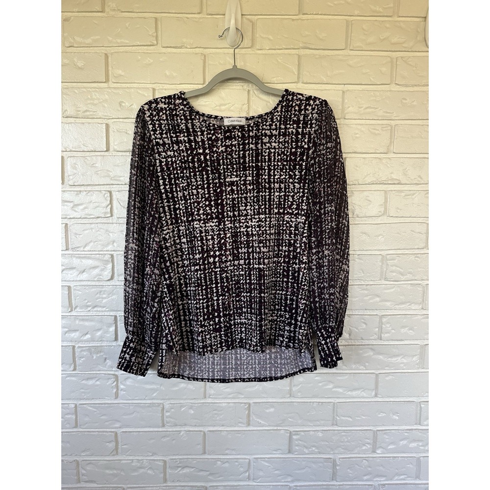Calvin Klein‎ Purple Print Long Sleeve Blouse Size Sz M Sheer Layered Career Top